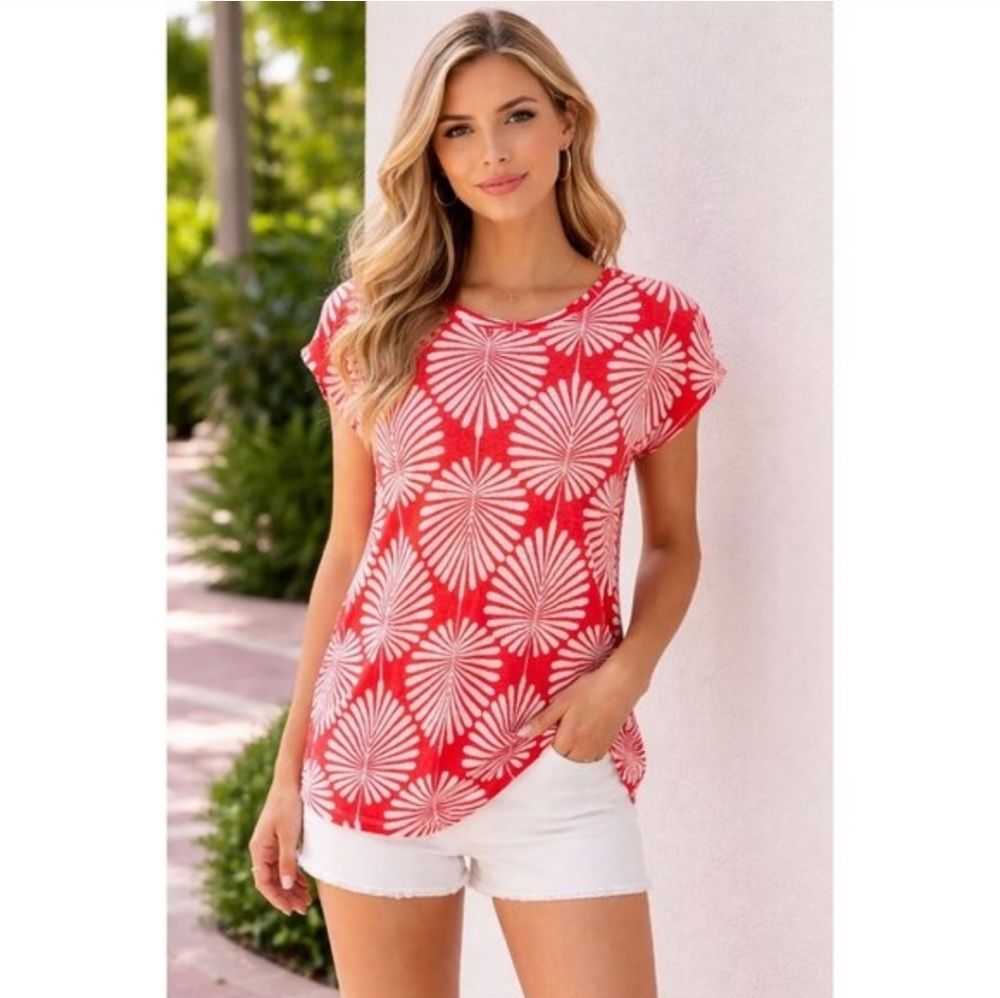 Joie 100% Linen Red and White Leaf Print Cap Sleeve Top in X-Large